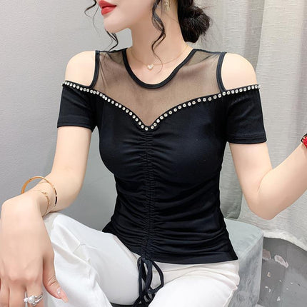 Real Shot 2023 Summer New Original Sexy Shoulder Heavy Industry Nail Drill Drawstring Pleated Slimming Short-sleeved T-shirt for Women