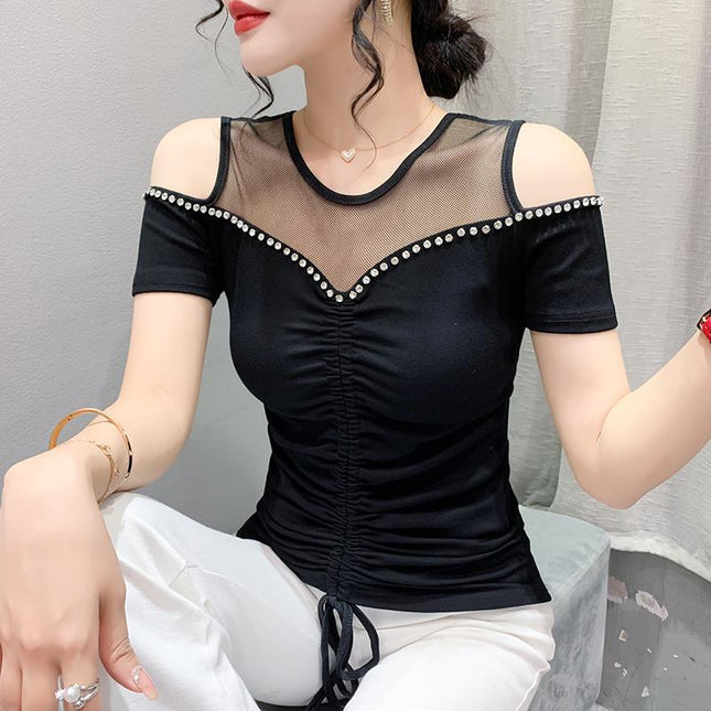 Real Shot 2023 Summer New Original Sexy Shoulder Heavy Industry Nail Drill Drawstring Pleated Slimming Short-sleeved T-shirt for Women