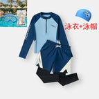 6018 # Blue two-piece swimsuit + swim cap + blue oversized swim goggles / Size 100 (height about 90cm)