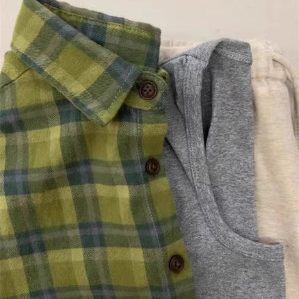 American Retro Green Plaid Shirt Women's Single Wear Stacked Loose Shirt Jacket Couple's Spring and Autumn Long Sleeve Top