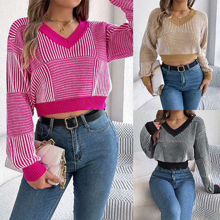 Clearance 2025 Autumn/Winter Casual Striped Lantern Sleeve Pullover Crop Top Sweater Amazon Cross-Border European and American Women's Clothing
