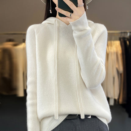 First-line clothing pure wool 2025 spring new women's short solid color hoodie pullover base sweater sweater