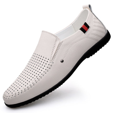 2025 Spring/Summer Men's Perforated Leather Shoes Fashionable First Layer Cowhide Breathable Driving Loafers Casual Leather Shoes
