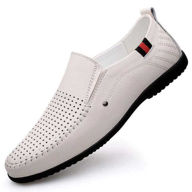 2025 Spring/Summer Men's Perforated Leather Shoes Fashionable First Layer Cowhide Breathable Driving Loafers Casual Leather Shoes