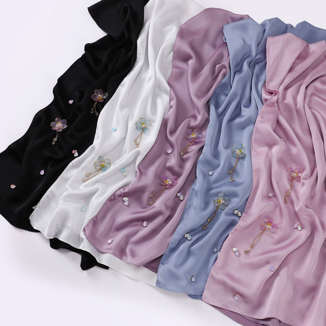 Cross-border New Chinoiserie Lotus Flower Satin Chiffon Long Scarf Handmade Flower Gauze Scarf Women's Bag Headscarf Drop Shipping