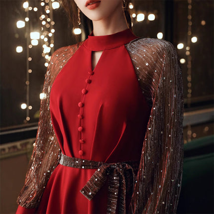 Red Dress Dress Women's Banquet Elegant Wedding dress Dress Mori Style Light Luxury Niche Daily Autumn