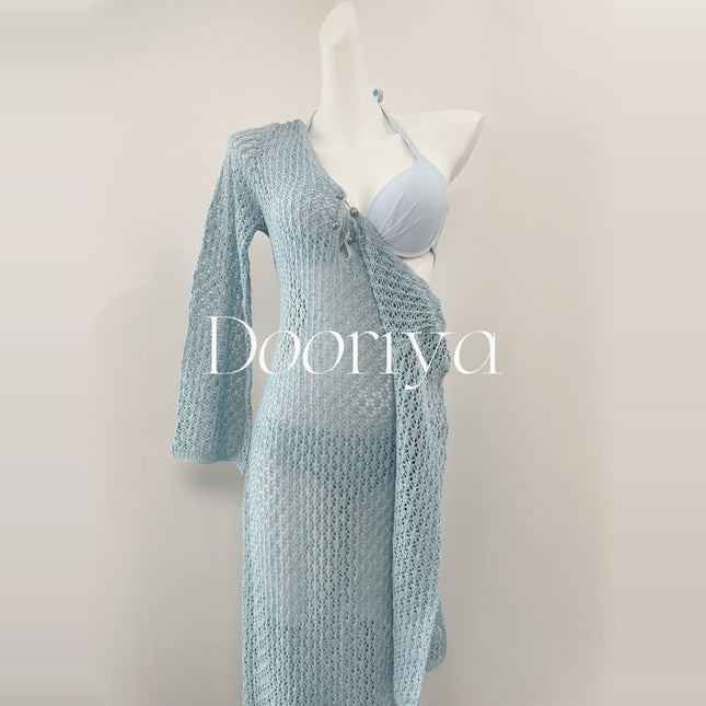 Source manufacturers blue beautiful hot spring seaside vacation swimsuit new bikini swimsuit women's knitted long sleeve blouse