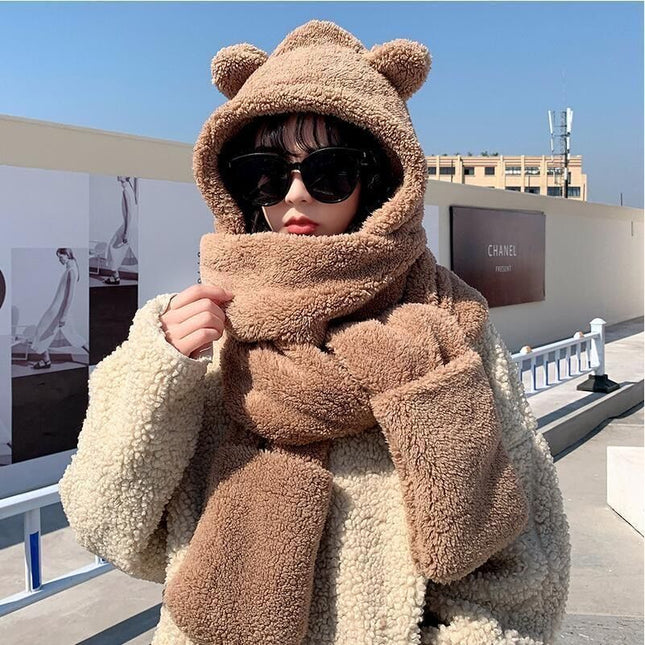Autumn and Winter Ready-Made Bear Hat Scarf Integrated Gloves Plush Double-Layer Thickeneded Multi-Functional Ear Protection Outdoor Warm Hat