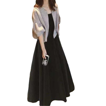 plus size women's clothing 2023 spring and summer new two-piece women's beaded coat long slim dress suit tide