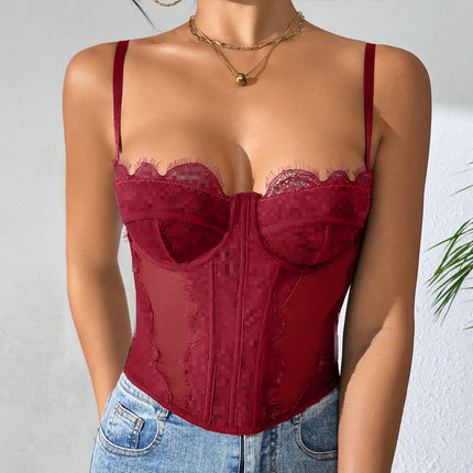 Sexy Push-Up Slim-Fit Fishbone Corset with Eyelash Lace Trim, Sheer Pure Desire Camisole Tank Top for Women to Wear Outside