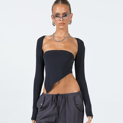 M23Tp004 European and American Style Women's Spring New Solid Color Long-Sleeve Shawl Off-Shoulder Bustier Crop Top Wholesale