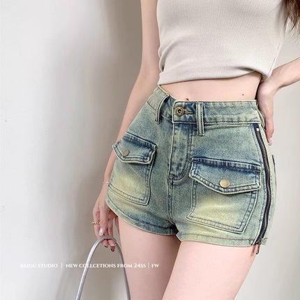 Summer Thin Retro Hip-Covering Zipper Workwear Denim Shorts for Women, Summer Petite Hot Girls Slimming Ultra-Short Hot Pants