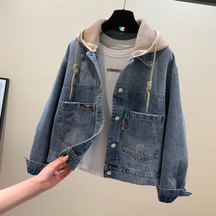 Denim Coat Women's 2024 Spring New Loose Korean Style Trendy Ins Detachable Cap Net Red Tooling Denim Clothes