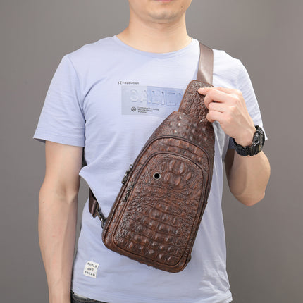 Genuine Leather Men's Chest Bag Men's Cowhide Men's Bag Shoulder Casual Crossbody Bag Crocodile Pattern Chest Bag Small Backpack Bag for Men