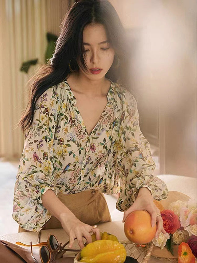 Small Floral Chiffon Shirt for Women, Designer Spring Season Top, Small French Sweet Style Shirt, Long Sleeves for Women