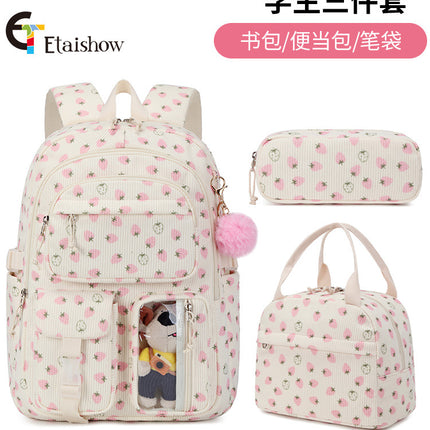 High School Ins Campus Large Capacity Three-Piece Corduroy Printed Backpack New Style Casual All-Match Backpack