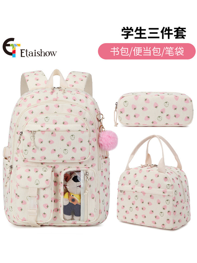 High School Ins Campus Large Capacity Three-Piece Corduroy Printed Backpack New Style Casual All-Match Backpack
