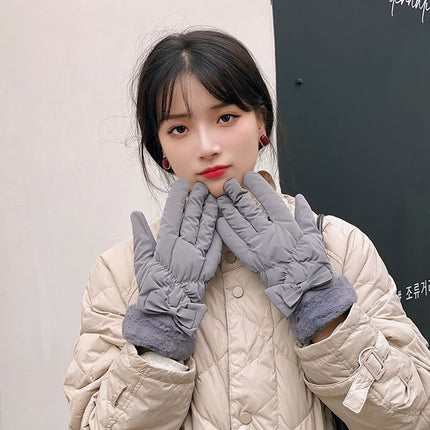 Down Cotton Gloves Women's Winter Bow Fingers Plus Fleece Windproof Cold-proof Skiing Five-finger Warm Touch Screen Cycling