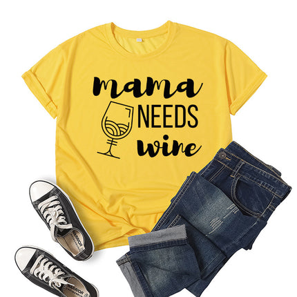 Wholesale Cross Border Mama Needs Wine Printed Short Sleeve T-Shirt Top Women Summer Loose