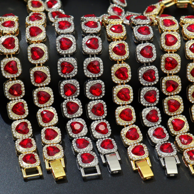 Hip-hop Peach Heart Candy Chain Heart-shaped Crystal Diamond Cuban Men's Necklace Cuban Fashion Collarbone Chain European and American Cross-border Necklace
