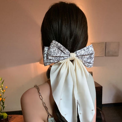 Retro Chanel style floral pearl big bow hairpin back head temperament long ribbon spring ponytail clip female