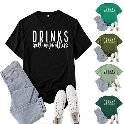 Amazon Supply Drinks Well with Others Printed Short-Sleeved Women's Casual Summer Casual