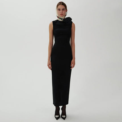In Stock | New Foreign Trade Style Long Sleeveless Dress with Ruched 3D Floral Design, White Summer Women's European and American Style Bodycon Dress.