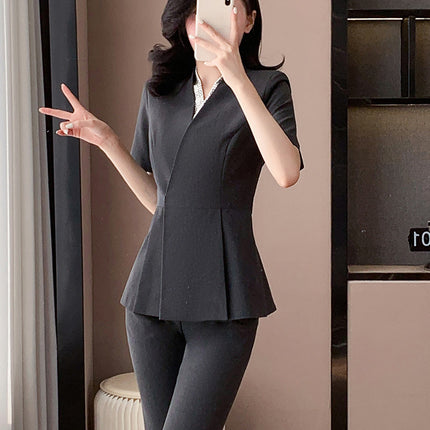 Blue Suit Jacket Women's Spring and Summer Short-sleeved Jewelry Store Front Desk Business Dress Dress Waist Tight Beauty Salon Suit suit