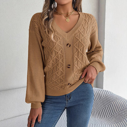 Clearance Sale: Instagram-Style Real-Shot Autumn and Winter Casual Buttoned Cable-Knit Lantern Sleeve Pullover Sweater, Independent Cross-Border Women's Fashion