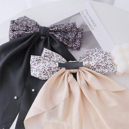 Retro Chanel style floral pearl big bow hairpin back head temperament long ribbon spring ponytail clip female