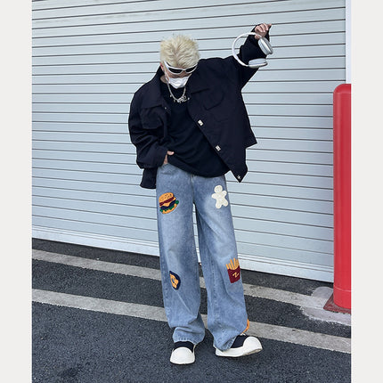 Design Sense Creative Hamburger Towel Embroidered Jeans Men's and Women's Slimming vintage Loose High Street Wide Leg Pants