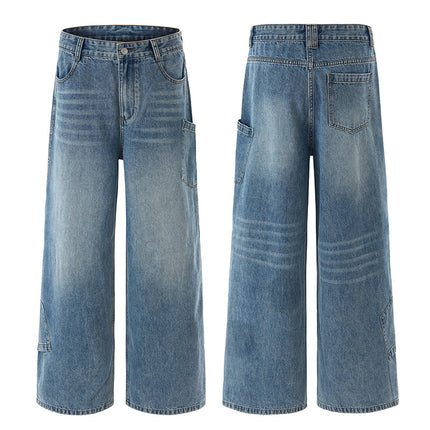 Jiamu Irregular Pocket Autumn/Winter American Baggy Jeans Unisex Loose Wide-Leg Straight Jeans for Men and Women