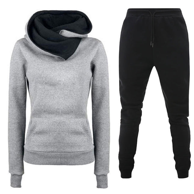 Cross-border autumn and winter thickened fleece casual sportswear solid color women's irregular hoodie sweatshirt sweatpants suit