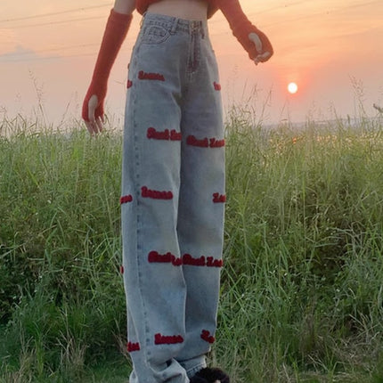 Vintage American Embroidered Straight Jeans Women's Trendy All-match plus size chubby girl High Waist Slimming Loose Wide-leg Trousers
