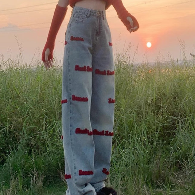Vintage American Embroidered Straight Jeans Women's Trendy All-match plus size chubby girl High Waist Slimming Loose Wide-leg Trousers