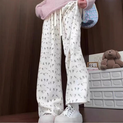 Apricot Ice Silk Floral Sweatpants for Women, Summer Thin Casual Petite Straight Wide-Leg Pants, Loose American-Style Sweatpants