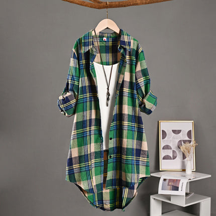 Cotton Linen Shirt Women's Mid-length Spring and Summer Vintage Thin Coat Loose Green Plaid Shirt Design Chic Top