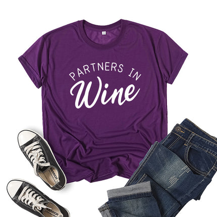 Foreign Trade Cross-border PARTNERS IN WINE Printed Short-sleeved Crewneck T-shirt European and American Men's and Women's Top Loose Casual