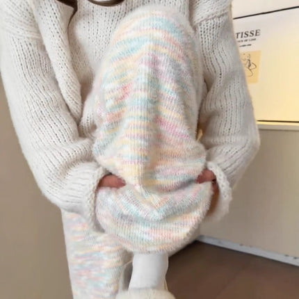 Rainbow Glutinous Rice Pants Women's Autumn and Winter 2024 New High Waist Dape Soft Glutinous Wide-leg Pants Casual Knitted Fleece-added Pants