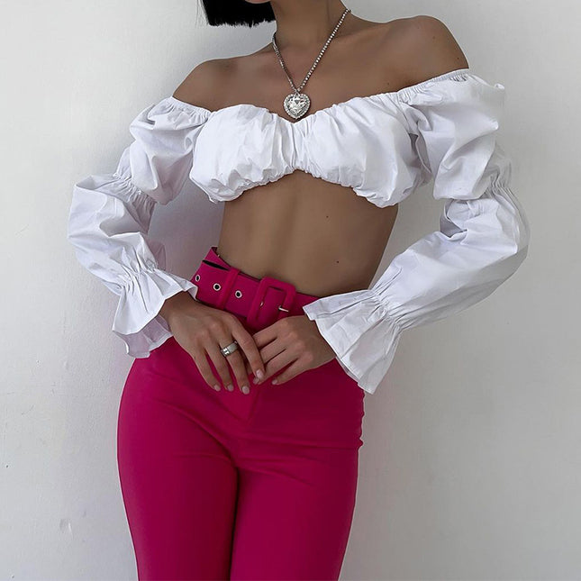 Fd1297 2024 Spring New Cross-Border Women's Pure Color Puff Long-Sleeved Sexy Slim Short Crop Top