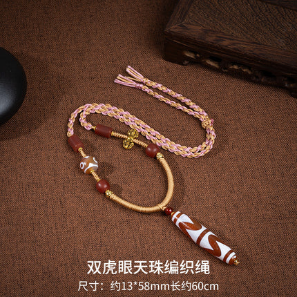 Natural Xizang Yellow Nine-Eyed Dzi Bead Necklace Multi-Totem Agate Pendant Couple Style Braided Necklace Ready for Sale