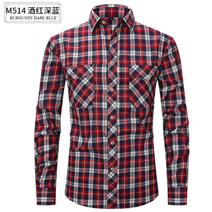 Spring and Summer Slim Amazon Fashion Brushed Plaid High-End Long-Sleeved Double Pocket Flannel Men's Shirt
