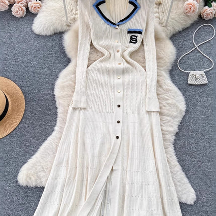 Cross-Border Aliexpress New Color-Blocked Lapel Knitted Dress Embroidered French-Style Long Dress Waist-Cinching Slimming Sweater Dress for Women