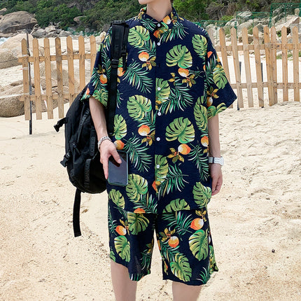 Cross-border 2023 Summer Beach Youth Color Printed Shirt Set Men's Multi-color Loose Shorts Shirt Set