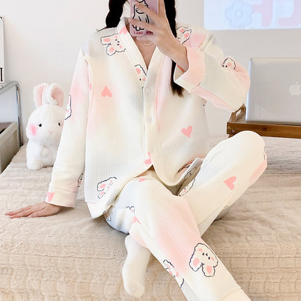 New online celebrity pregnant women nursing pajamas autumn and winter thickened plus size sandwich air cotton maternity cardigan warm confinement clothing