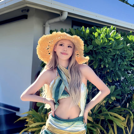 American Retro High-End One-Piece Green Corrugated Cross Halterneck Sexy Bikini Island Resort Hot Spring Swimsuit for Women