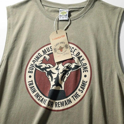 Simple Men's Ami Khaki Printed Crewneck Sports Leisure T Waistcoat Washed Cotton Vintage Garden Swing Side Split Vest