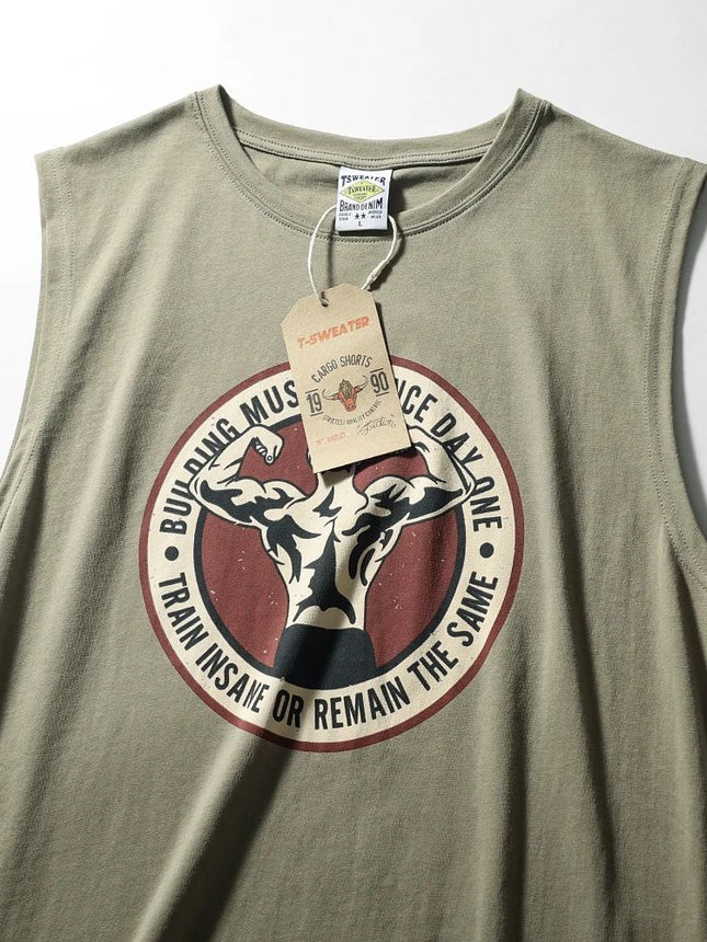 Simple Men's Ami Khaki Printed Crewneck Sports Leisure T Waistcoat Washed Cotton Vintage Garden Swing Side Split Vest