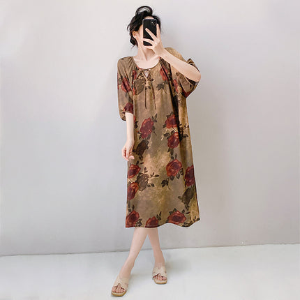 2026 New Cotton Silk Nightgown for Women, High-End Printed Short-Sleeved Long Dress, Large Size, Thin Style, Can Be Worn Outside as Loungewear