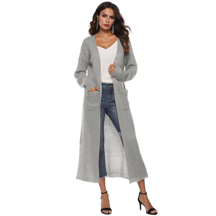 Mohair cardigan cross-border European and American wool cardigan autumn women's coat split large pocket thin coat long multicolor